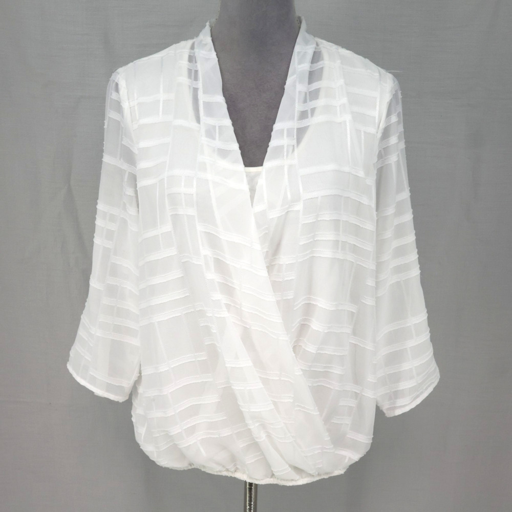 Thalia Sodi Top Womens Medium White Sheer Blouse attached Tank Roll Tab Sleeve